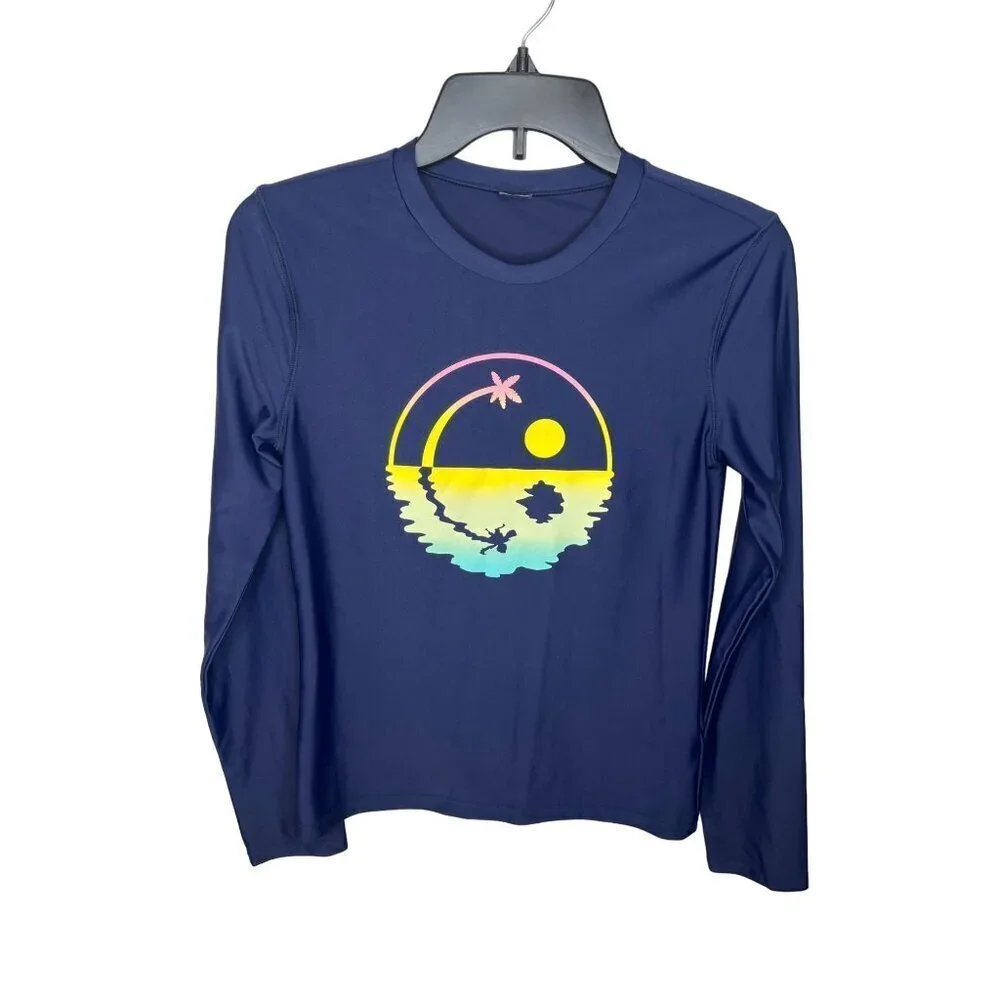 Old Navy Swim Top Girls Navy Blue Long Sleeve Shirt With Tropical Graphic Design